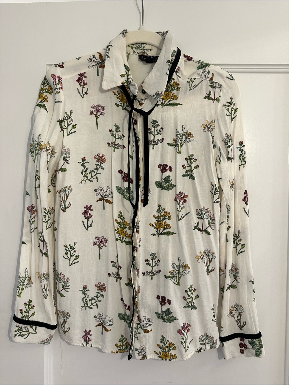 Top Shop Size 2 Floral Tie-Neck Blouse - Cream with Multicolor Botanical Print